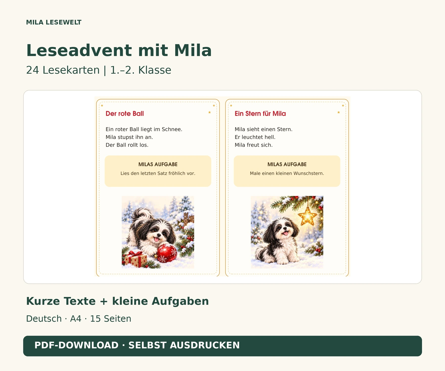 Zwei Original-Lesekarten aus Milas Leseadventskalender mit kurzen Texten und Aufgaben.