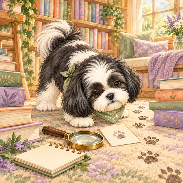 Mila folgt als kleine Spürnase einer Pfotenspur zwischen Büchern und einer Lupe.