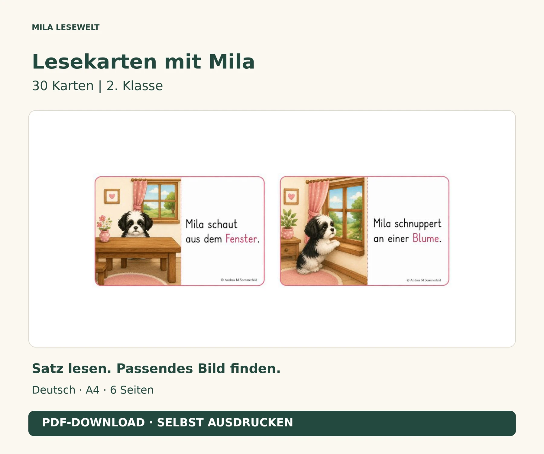 Zwei Original-Bild-Text-Karten mit Mila und kurzen deutschen Sätzen.