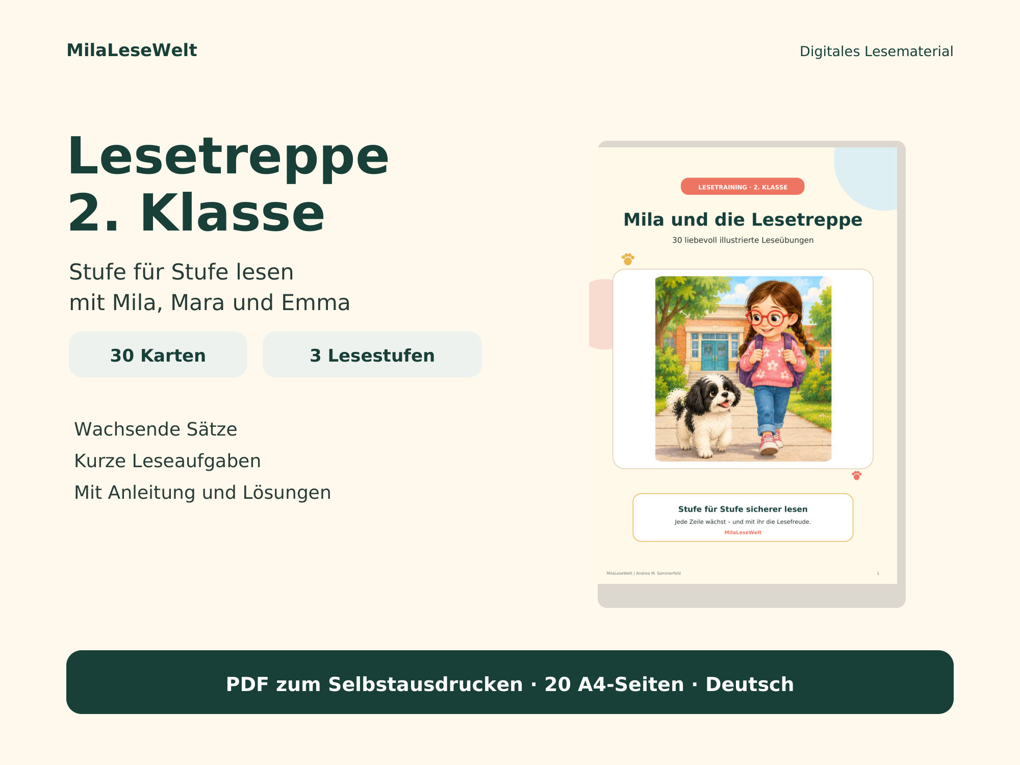 Lesetreppe mit Mila für die 2. Klasse: 30 Karten in drei Lesestufen als PDF zum Selbstausdrucken.