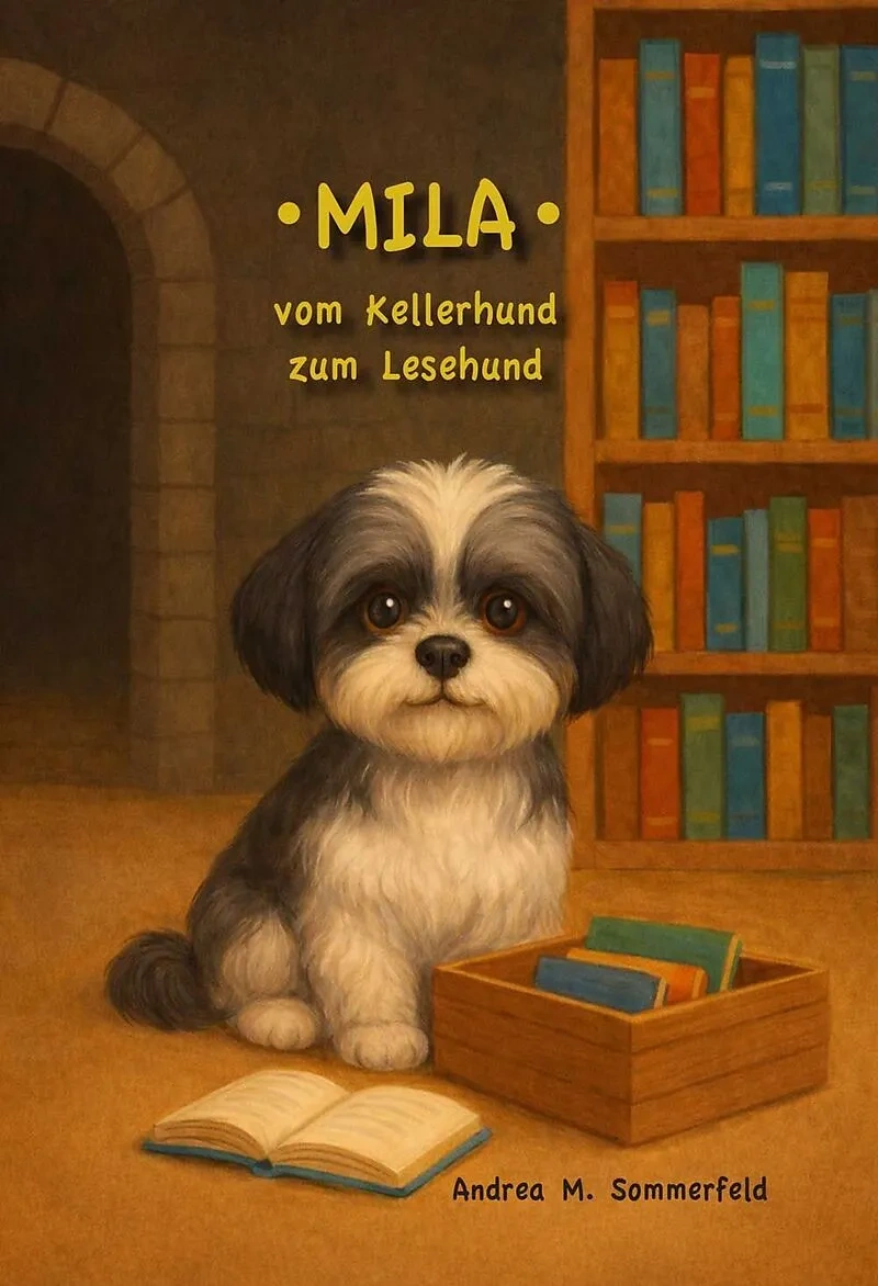 Originalcover von Mila – vom Kellerhund zum Lesehund von Andrea M. Sommerfeld: Mila sitzt mit einem offenen Buch vor einem Bücherregal.