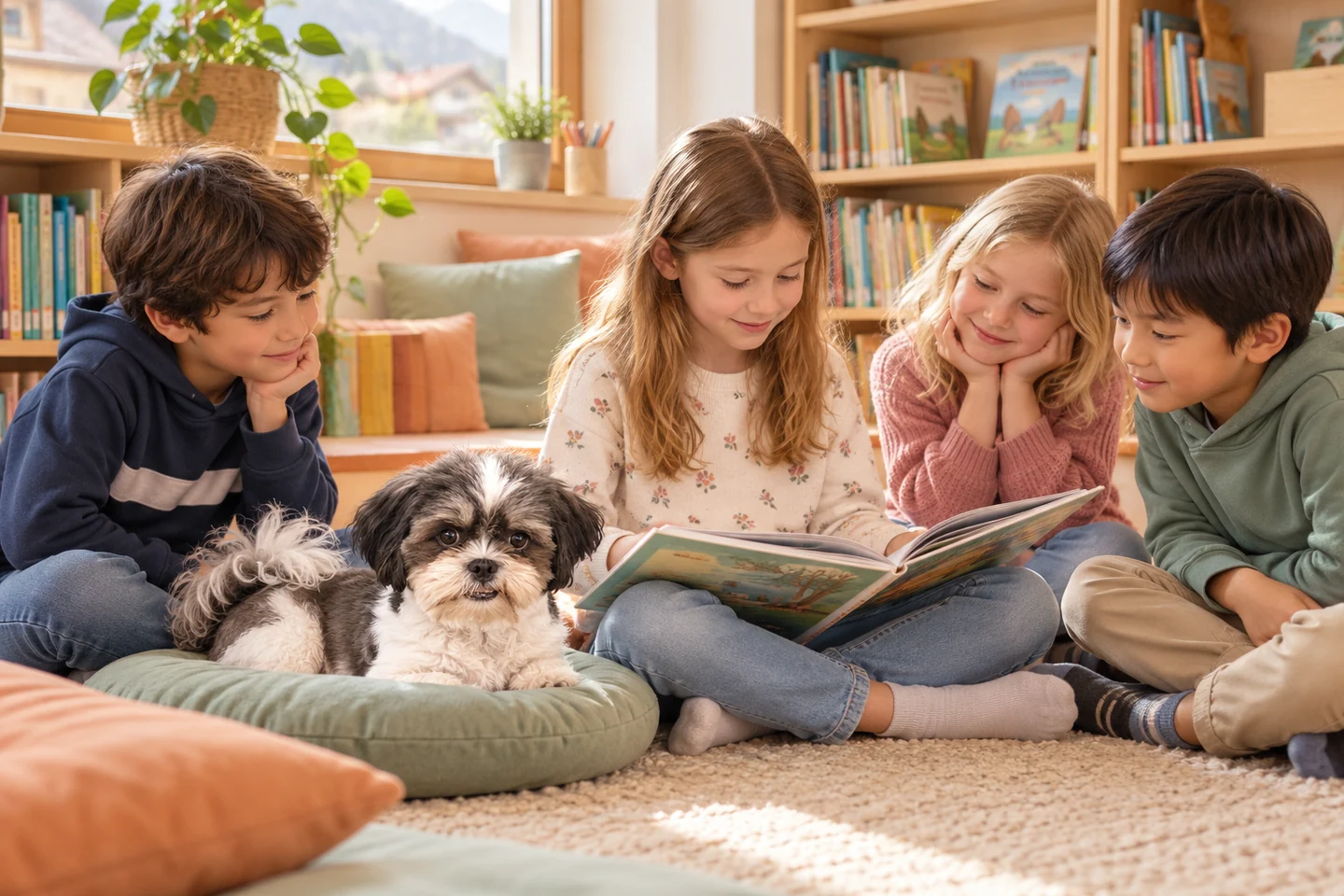 Fiktive Szene: Vier Schulkinder lesen gemeinsam in einer gemütlichen Leseecke, während Mila entspannt auf einem Kissen zuhört.