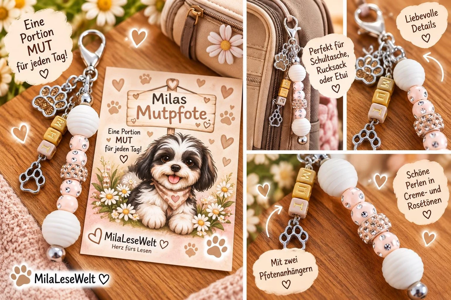 Kleiner Mutmacher-Anhänger in Creme, Beige und Rosé mit MUT-Buchstabenperlen und zwei Pfotenanhängern; daneben die passende Mila-Karte.