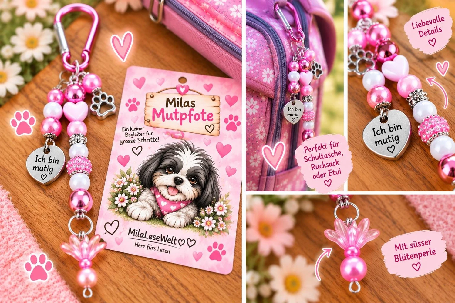 Rosa und pinker Perlenanhänger mit Karabiner, Herz mit Ich bin mutig, Hundeanhänger und Pfotenperle; Produktbild mit Mila-Karte.